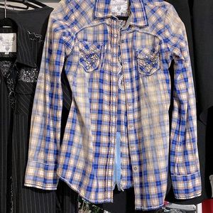 Roar blue plaid like new button up country and western top.